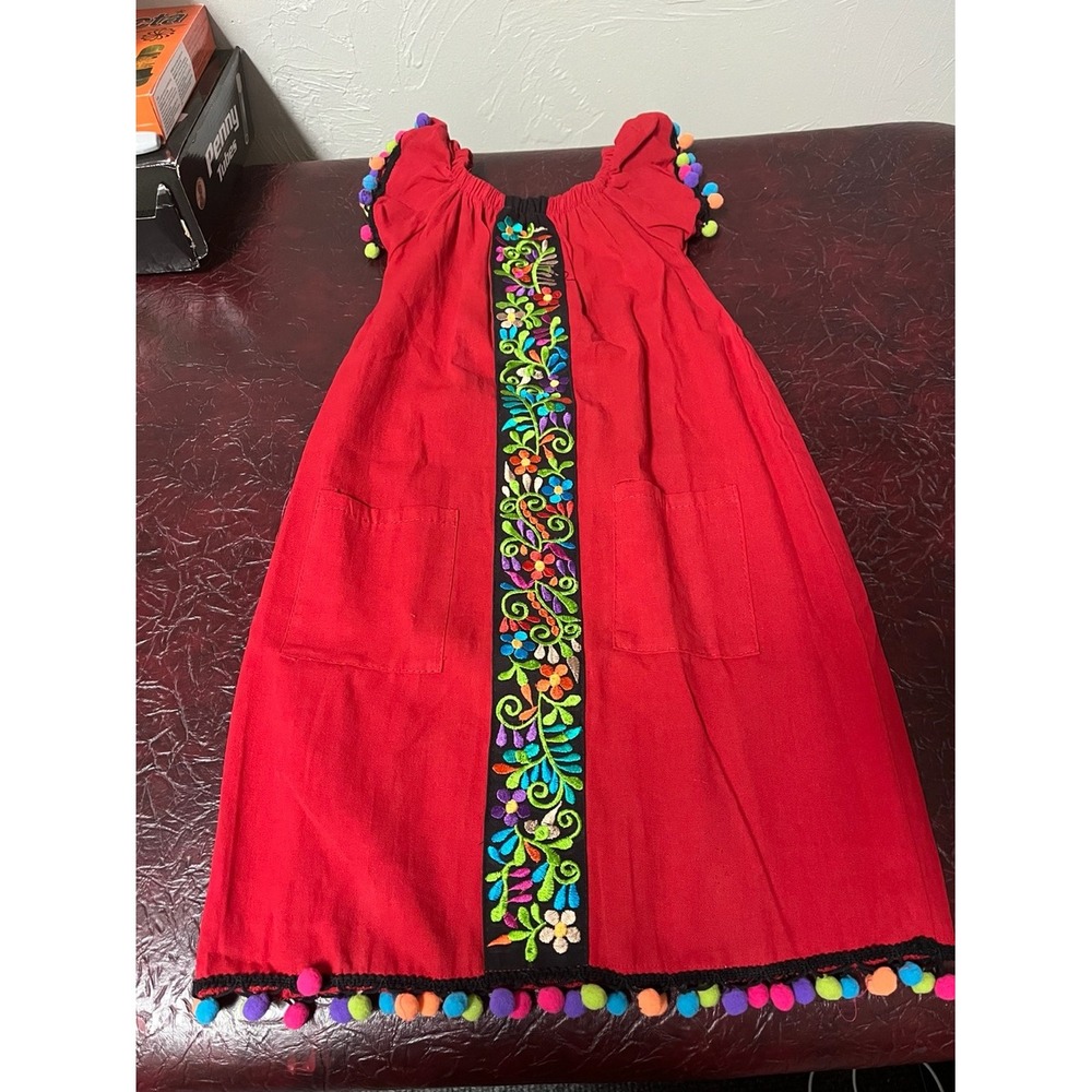 Girls' Red Embroidered Pom-Pom Dress - Size 2
